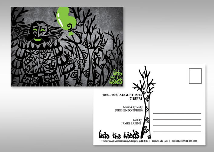 dark musical jack and beanstalk Into the Woods 1950s design poster Invitation Card postcard programmer cover ticket opera grey green smiling face
