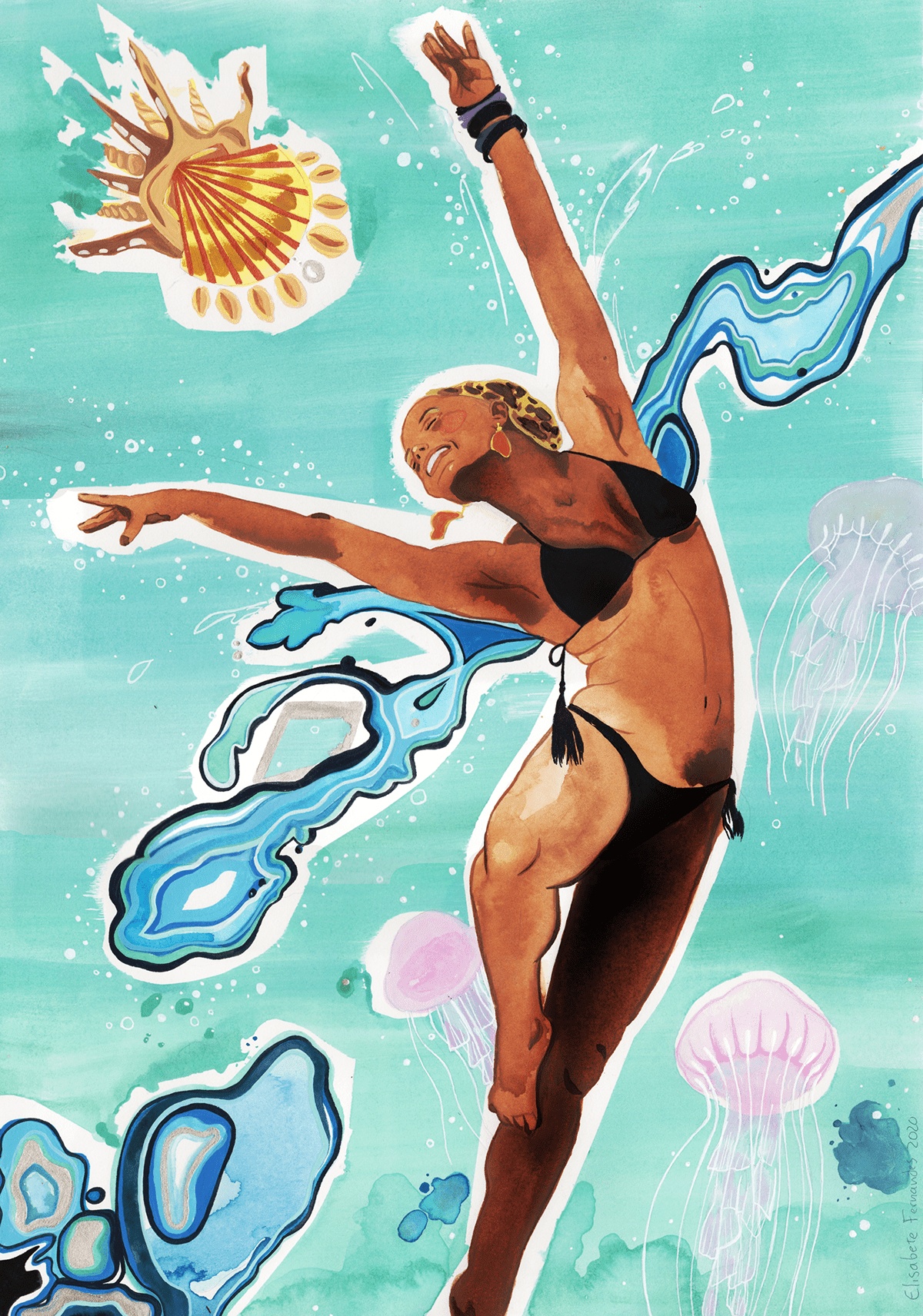 DANCE   dancer goddess moon Ocean queen of the sea rainha do mar Watercolour Artist watercolour illustration yemaya