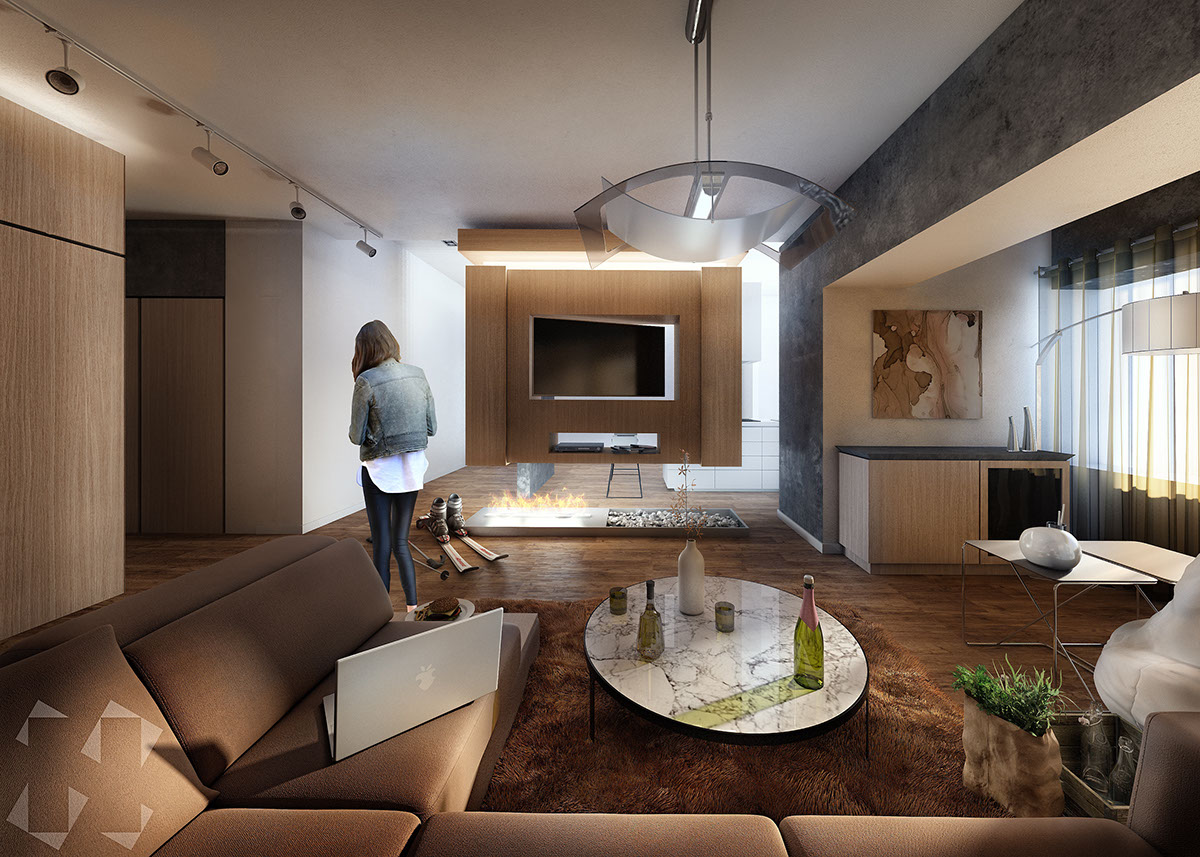 archviz Interior Render rendering CG design livingroom residential apartment fireplace 3D modeling postprocessing