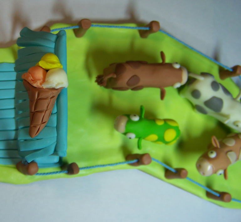 ice cream green cow animal Food  blue red brown polymer clay