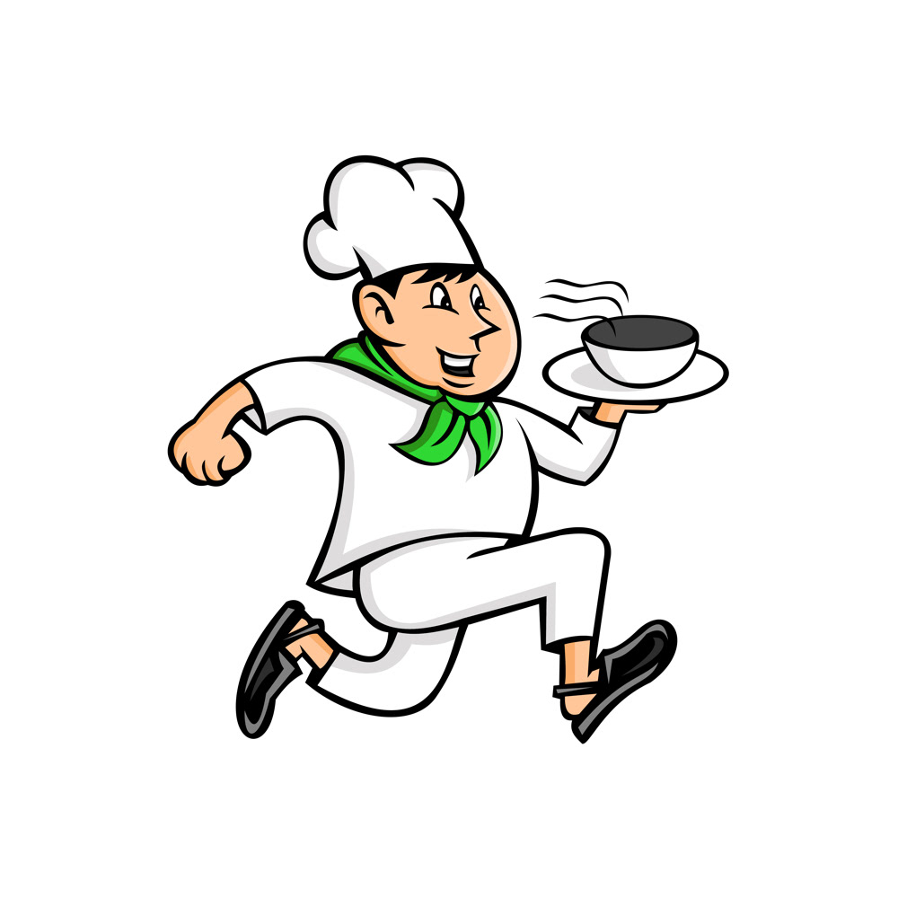 Mascot speedy chef chef cook running serving pot plate Food  run