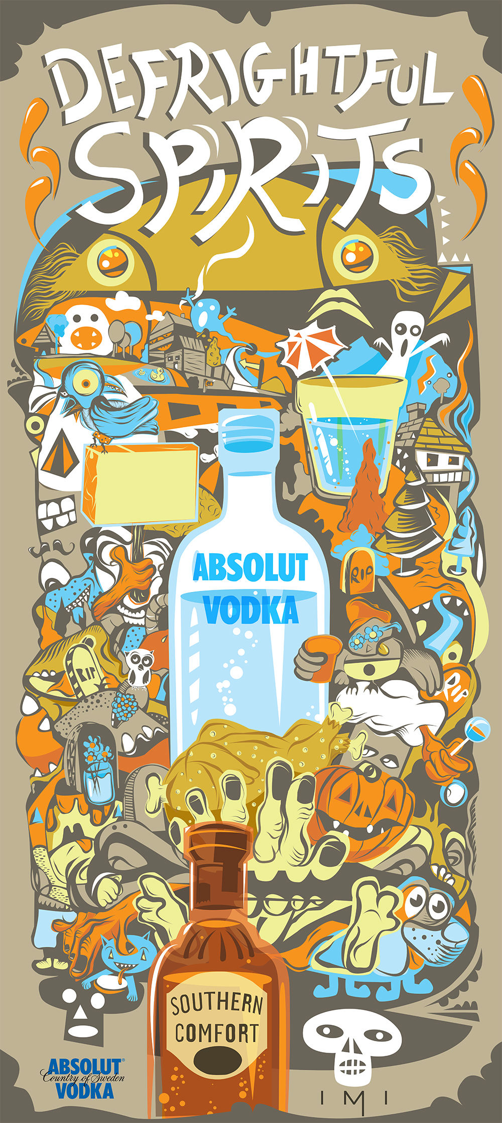 Vodka southern comfort liquor bongang art Halloween poster hand type alcohol graveyard Ghosts skulls doodle characters