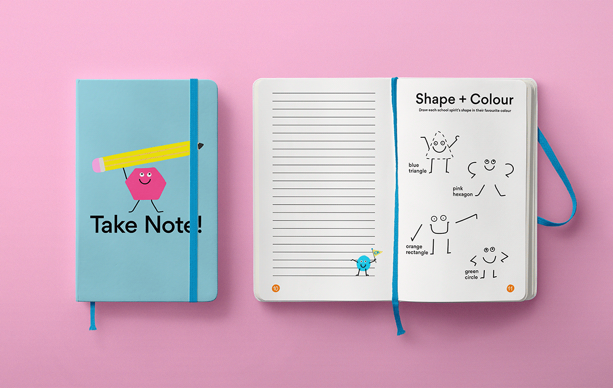 Notebook for City Kids. Cover with school spirit holding a pencil and open spread with activity page