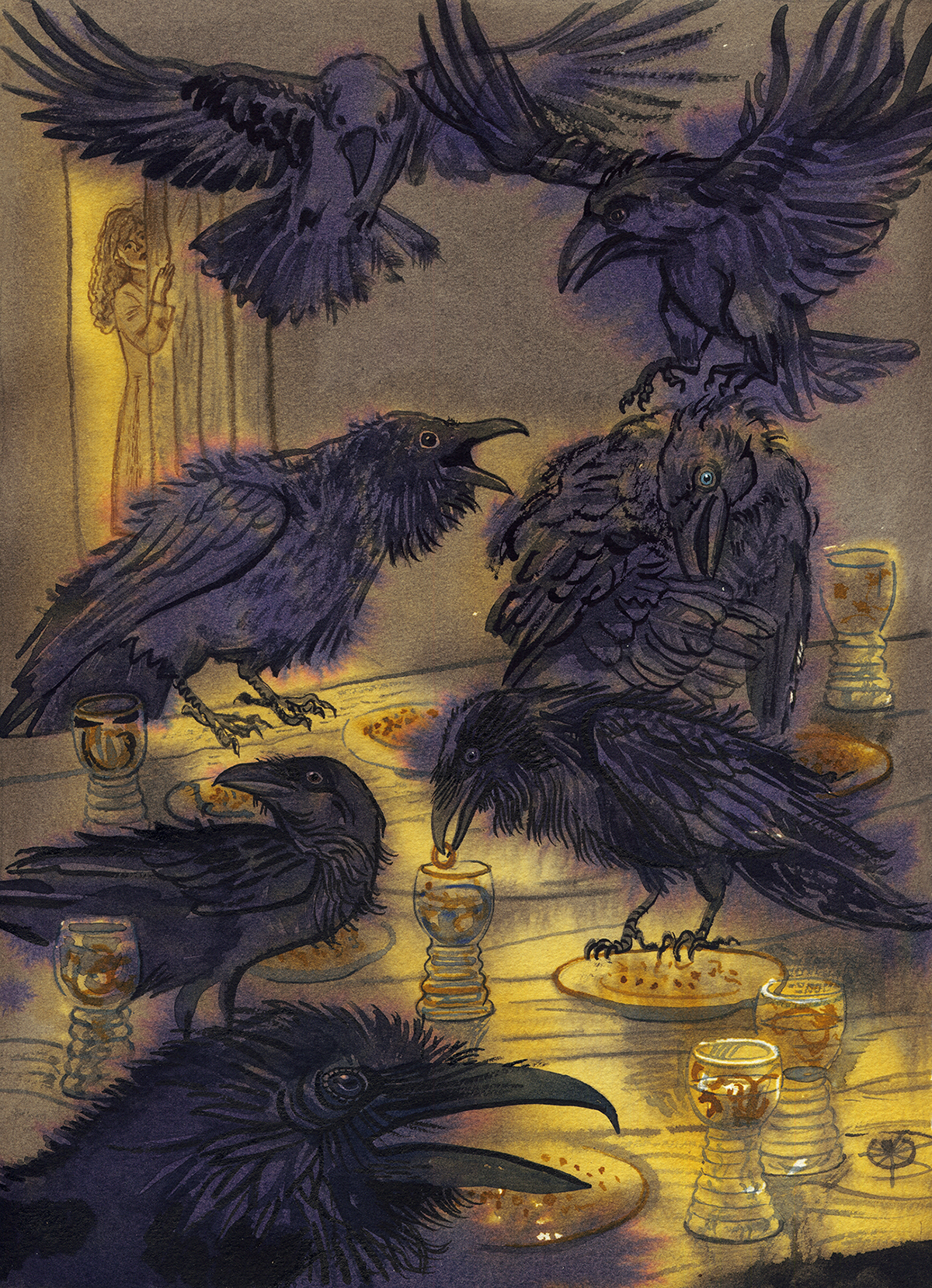 fairytale watercolor watercolour sevenravens grimm crow raven storm forest journey night moon Magic   fantasy gothic