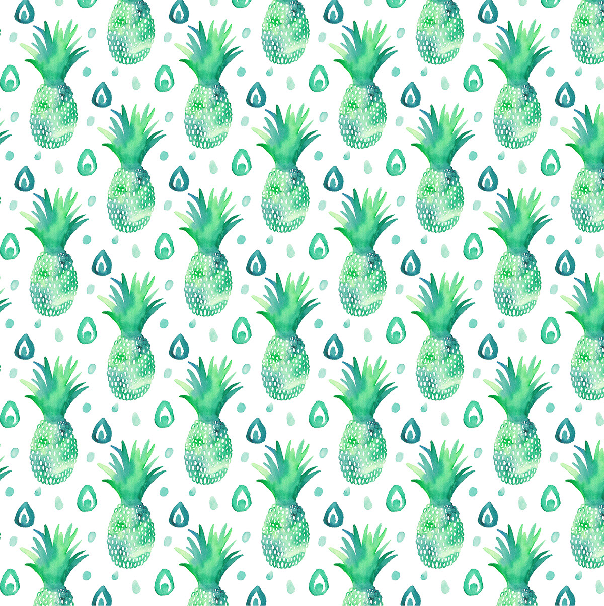 watercolor Pineapple Fruit food illustration Food  damask green emerald textile