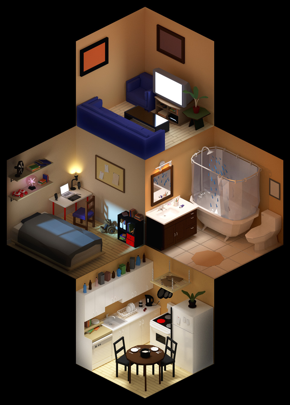 Interior living space apartment flat space blender 3D CGI kitchen living room bedroom bathroom