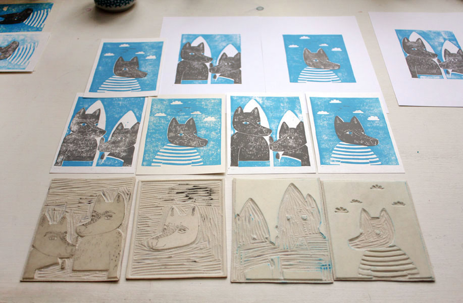sea wolf surfing Love linocut linoleum printmaking personal postcards