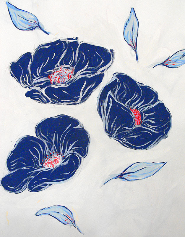 textile fabric print pattern repeat porcelain floral Flowers paint Goauche sketch process