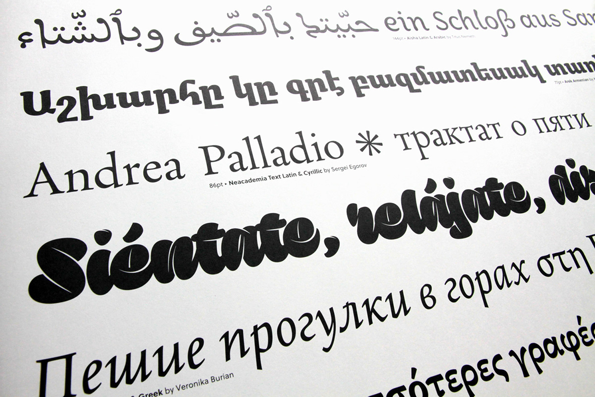 foundry rosetta type multiscript David Březina poster Typeface orange arabic devanagari greek Armenian arek skolar Aisha