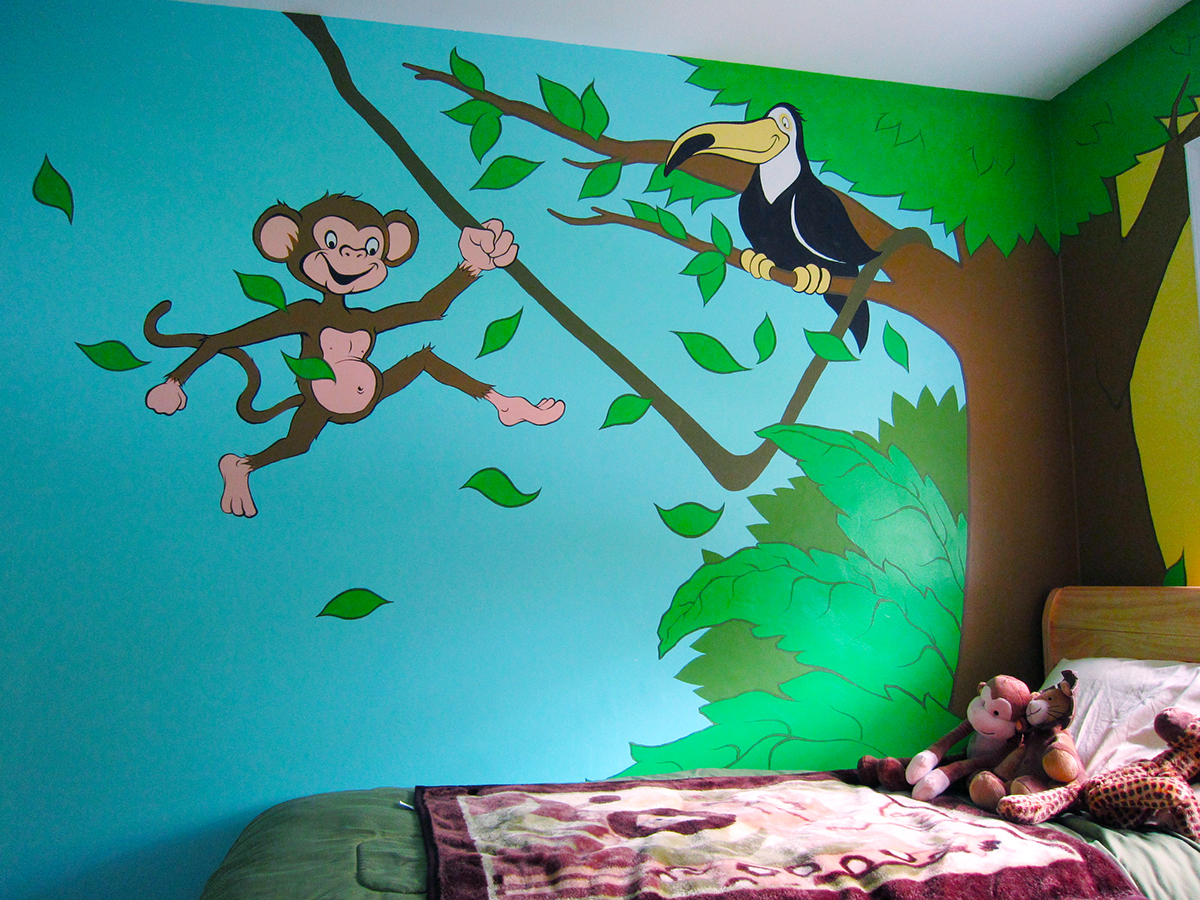Mural bedroom jungle paint enamel animals lion giraffe monkey bird trees