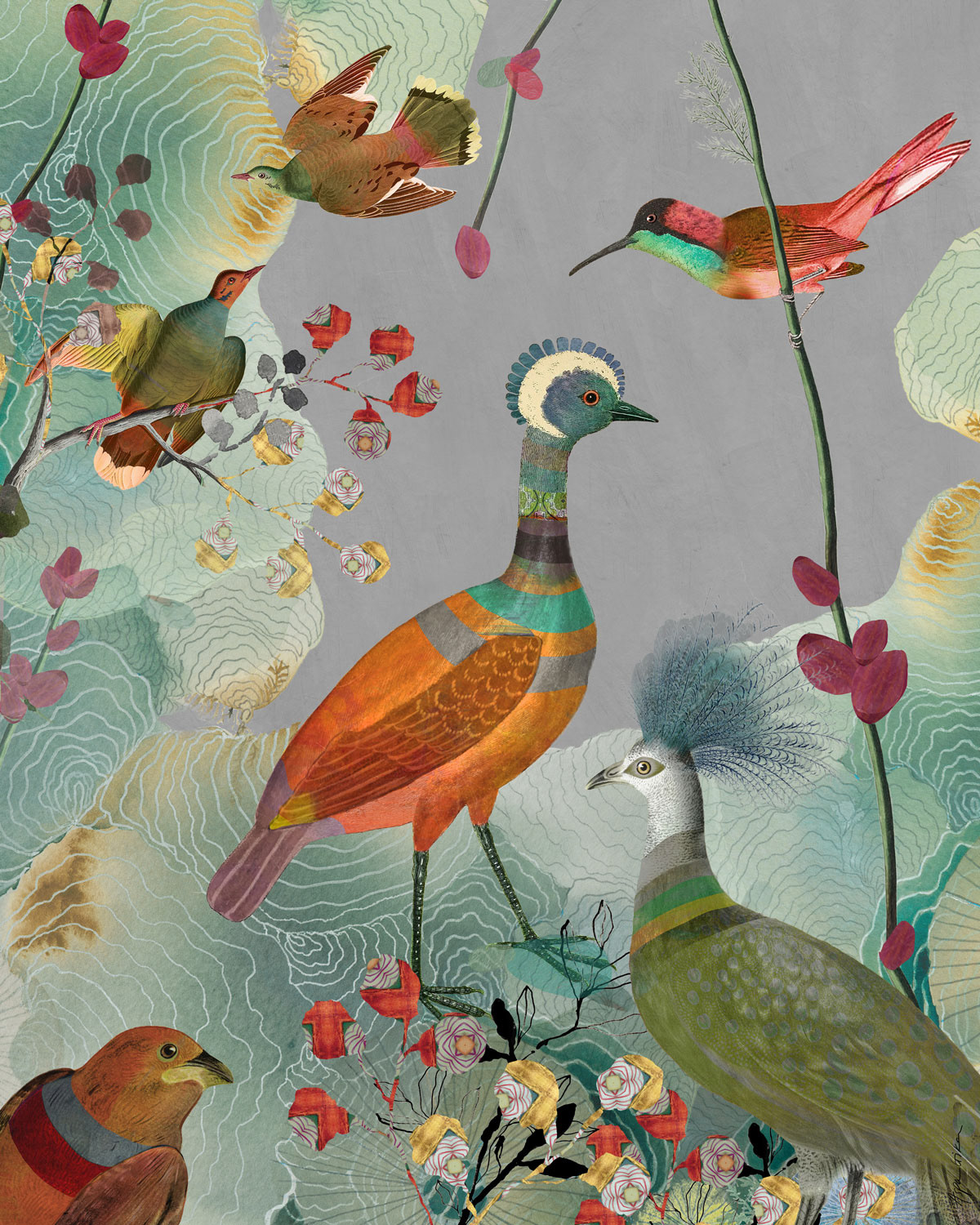 Colorful Imaginary birds and patterned florals surrounded by organic shapes of abstract clouds.