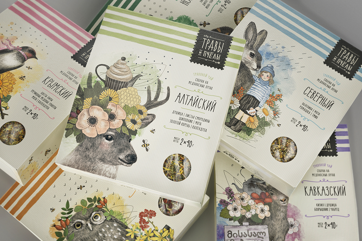 tea herbs Packaging boxes illustrations animals FMCG bee watercolor pencil