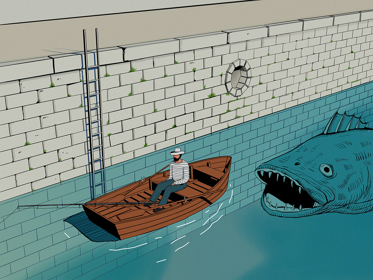 boat Drawing  fish Fisherman fishing harbour ILLUSTRATION  Illustrator Ocean sea