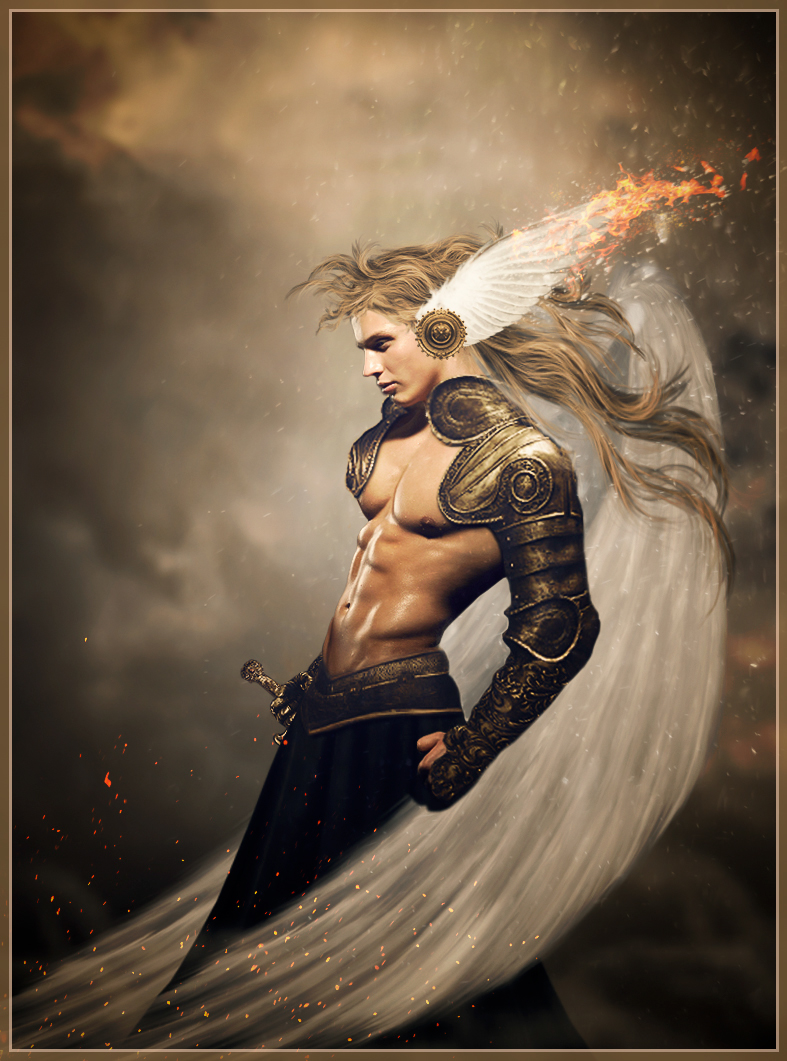 angel wings fire Armor man human particles gold warrior skirt
