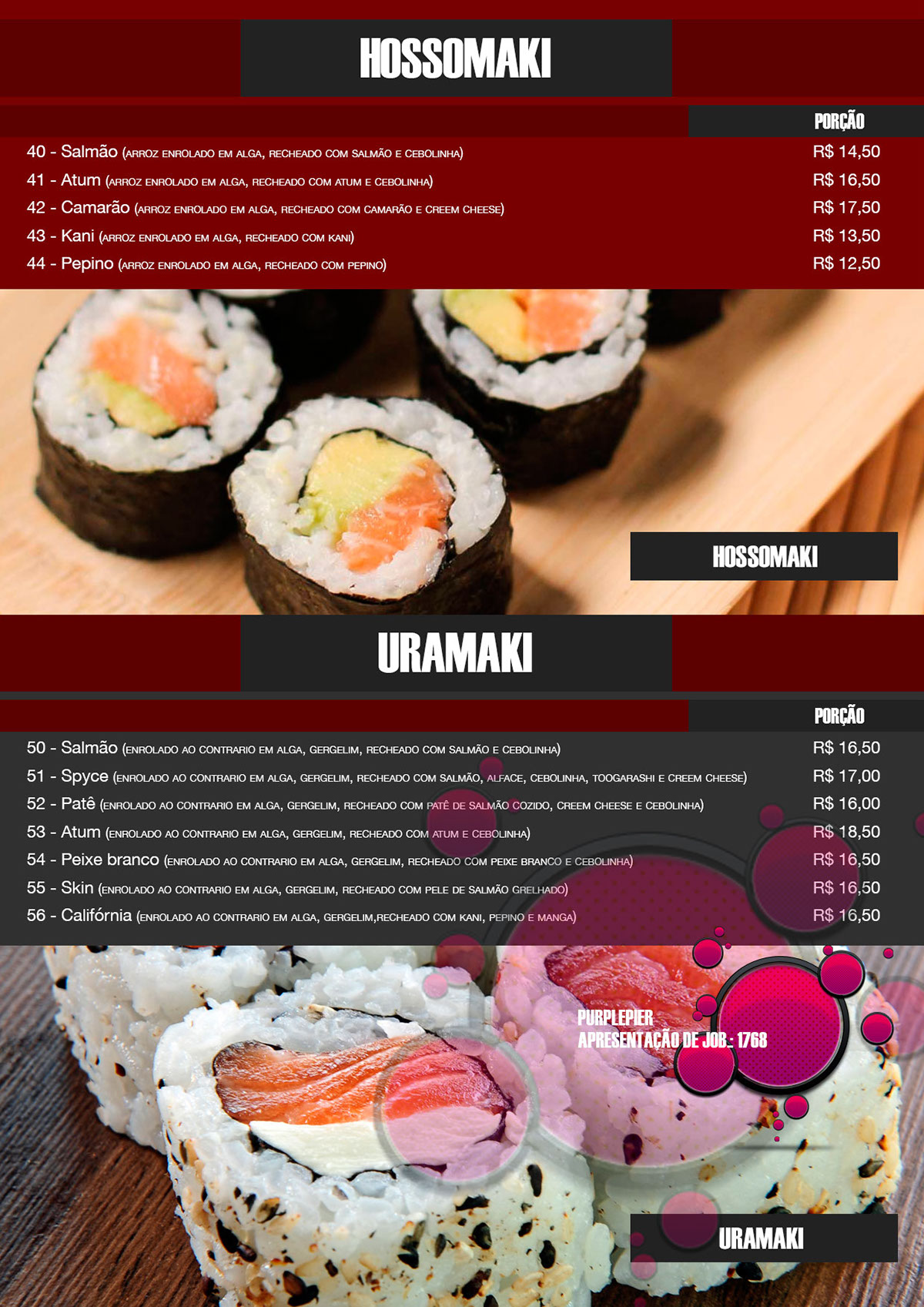 Subarashii sushi  Cardapio para almoço, Almoço, Cardápio