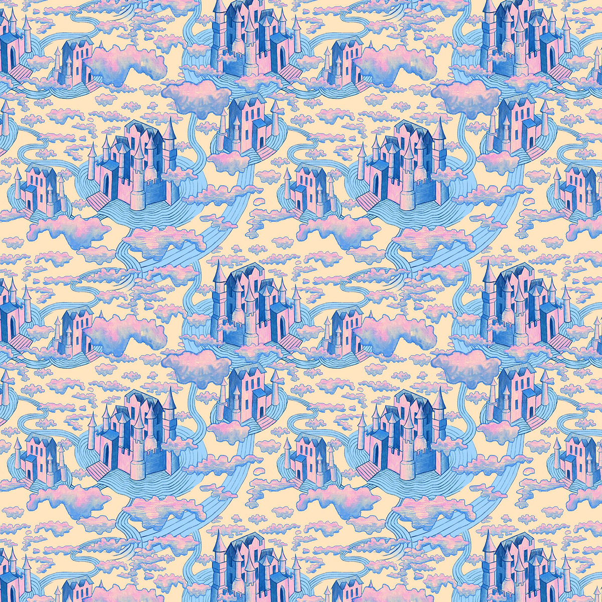 pattern toile clouds Castle fantasy colored pencil moat rivers Fashion  surface design