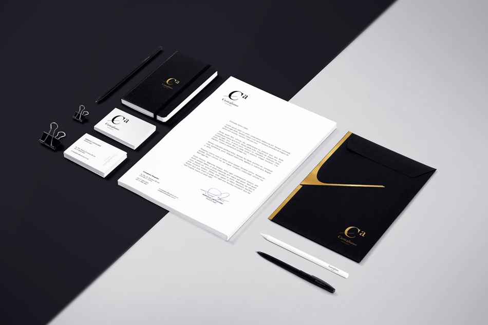castegliano abogados identidad brand logo minimal black and white gold clean White simple type business card paper