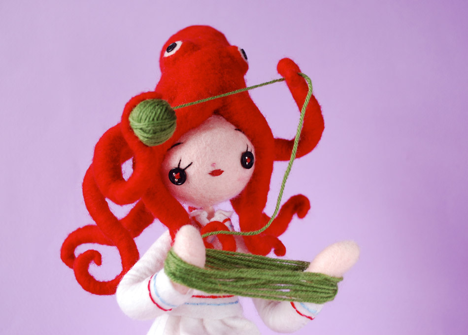 Adobe Portfolio octopus felt handmade art needlefelt craft Show Exhibition  toy girl yarn winding red tennis Retro doll