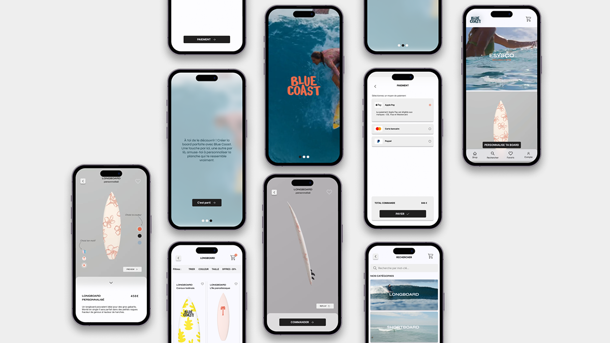 Surf UI/UX app design surfboard surfing waves water design system user interface Mobile app