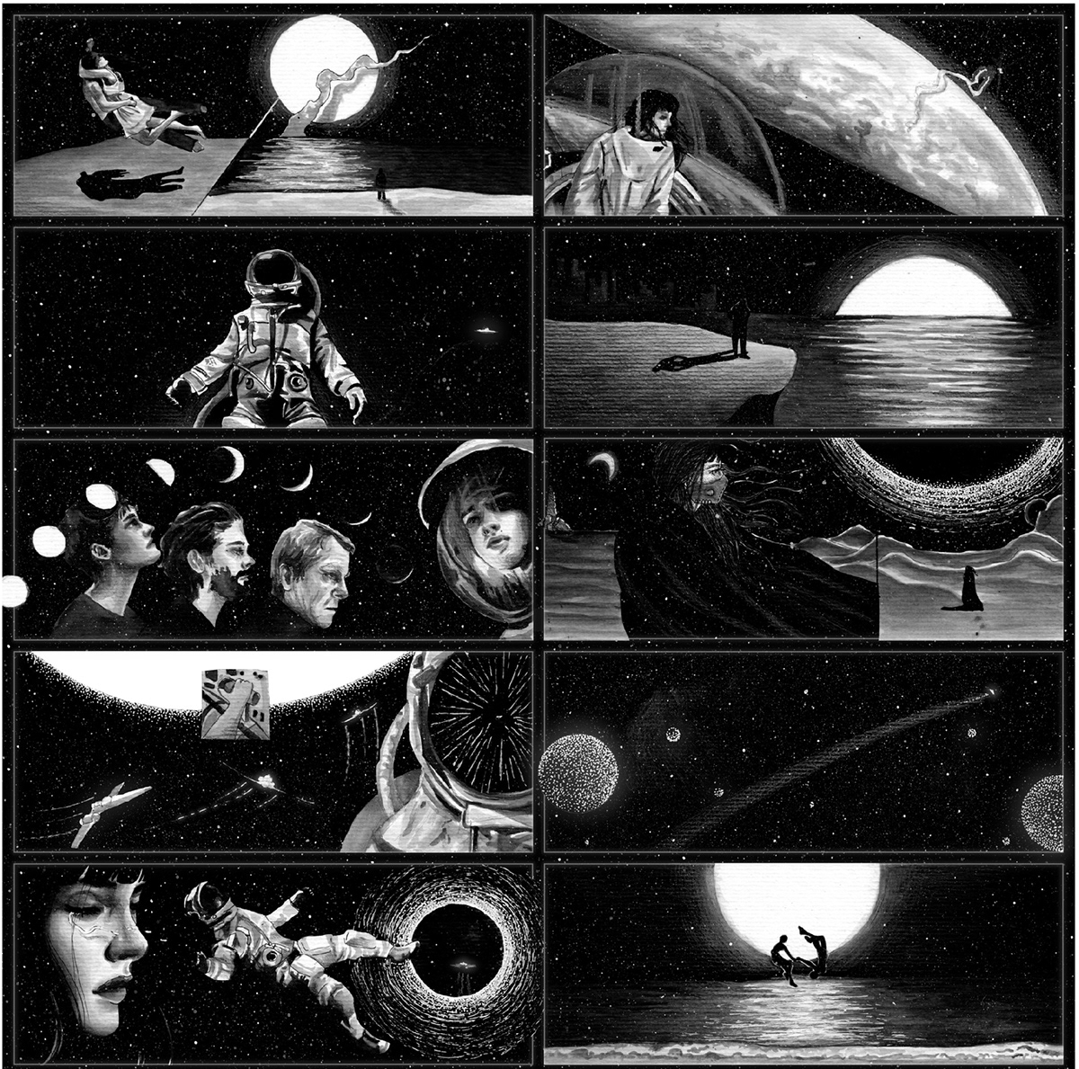 astronaut black and white cosmic ILLUSTRATION  Landscape monochrome planet portrait SKY time
