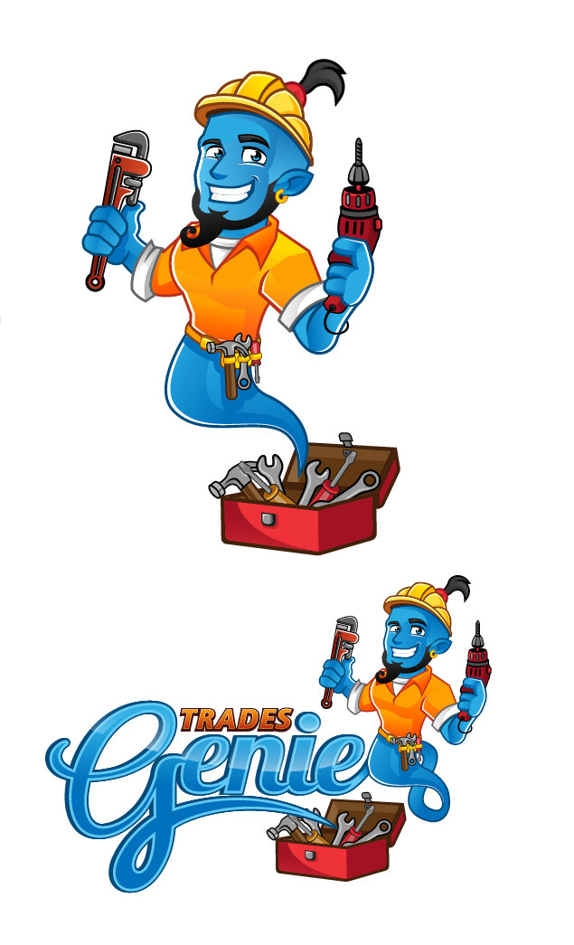 cartoon genie handyman blue orange Repair maintenance trade working constructions