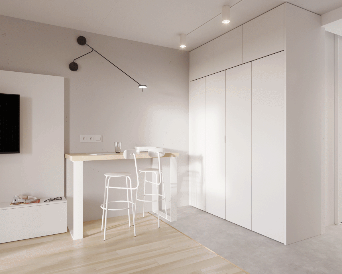 Tiny small Interior design visualization architecture plywood 3D concrete minimal