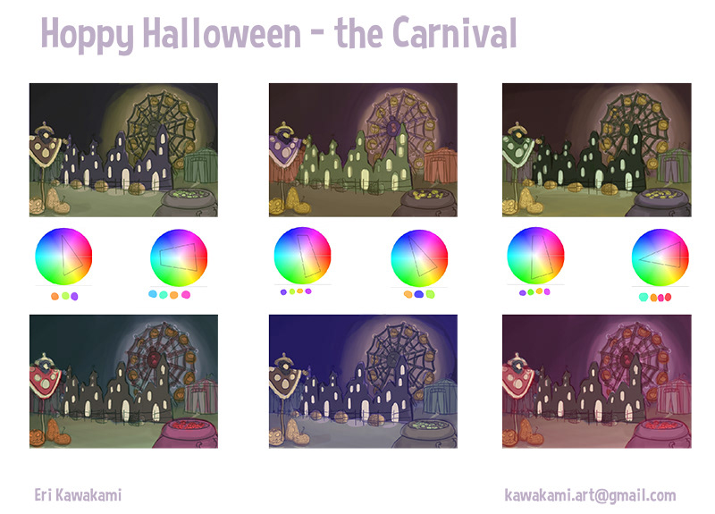 concept art Visual Development Environment design Environmental Assets Halloween fairgrounds Ferris Wheel Jack o Lantern scarecrow