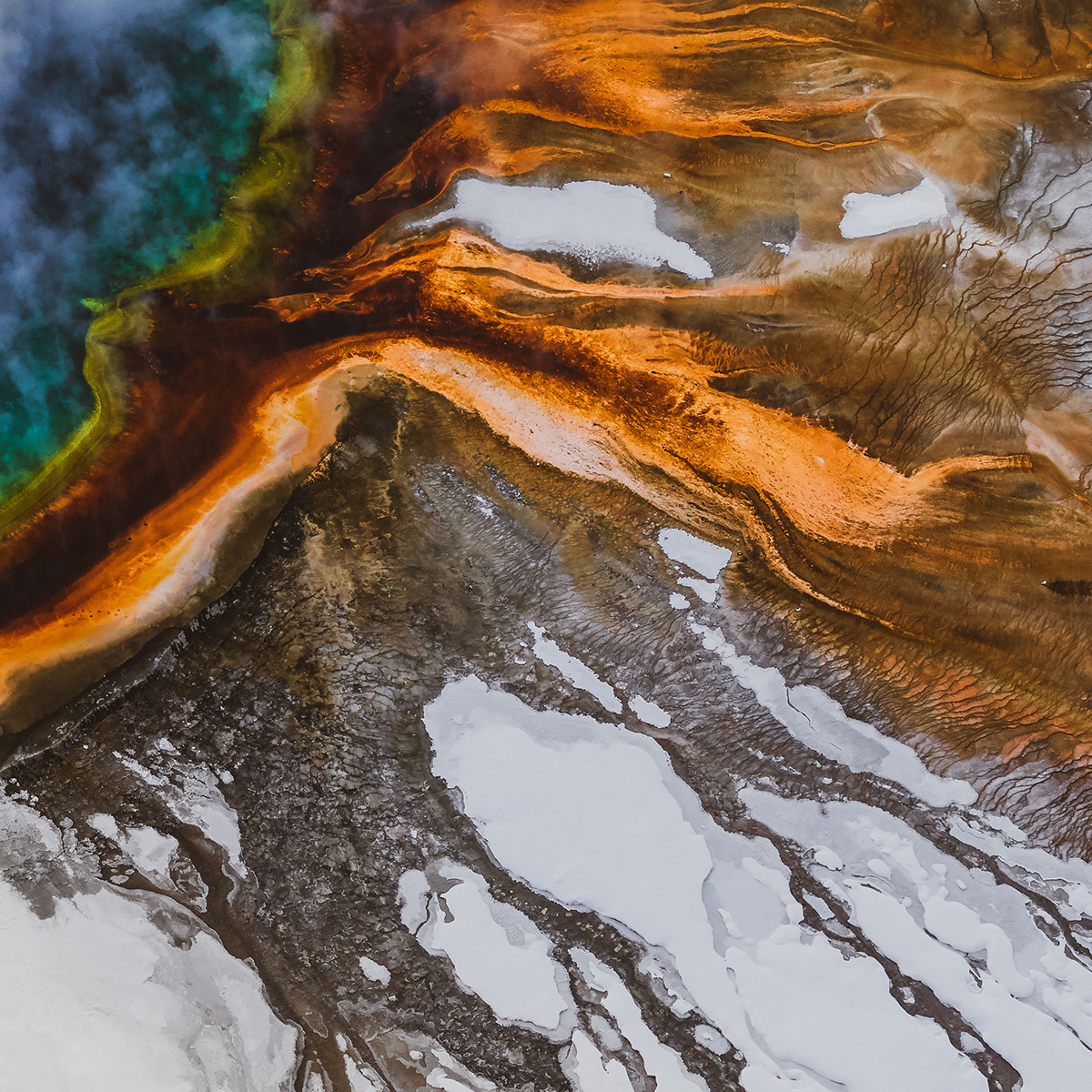 aerial forest photos aerial national parks Fine Art Aerial images Fine Art Photographs flying over yellowstone Grand Prismatic Spring Mitch Rouse Aerials snowy yellowstone wyoming national parks Yellowstone National Park