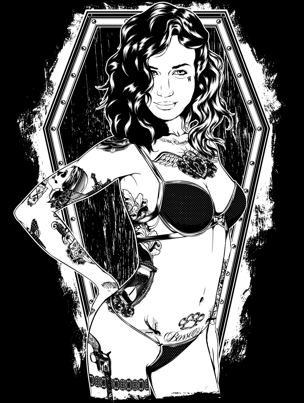 Bossen crossbone clothing vector black and white girl bikini tattoos coffin praying hands Illustrator