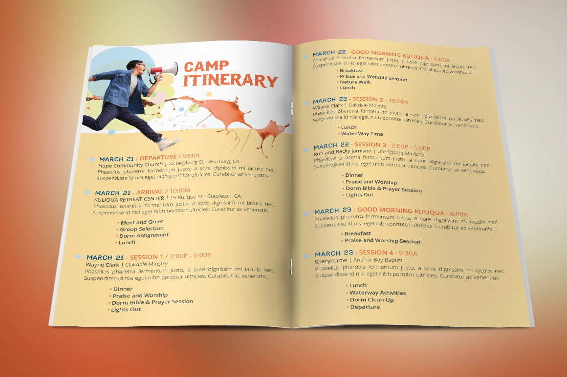 youth camp church brochure template Bi-fold orange retreat marketing   VBS