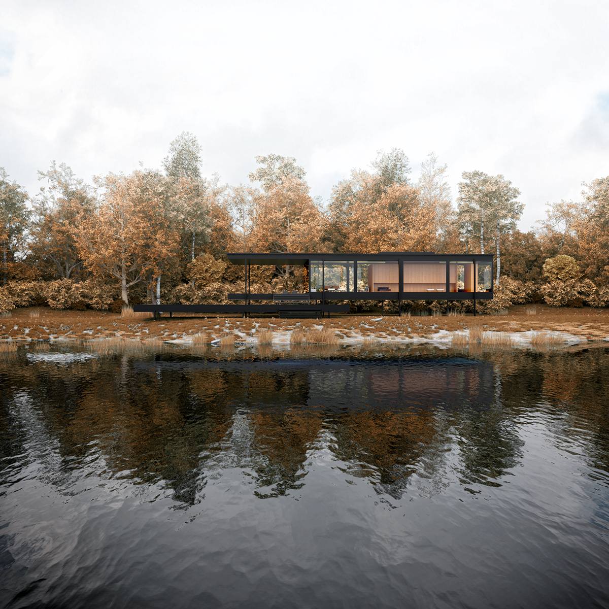 black villa Farnsworth Ludwig Mies van der rohe autumn lake