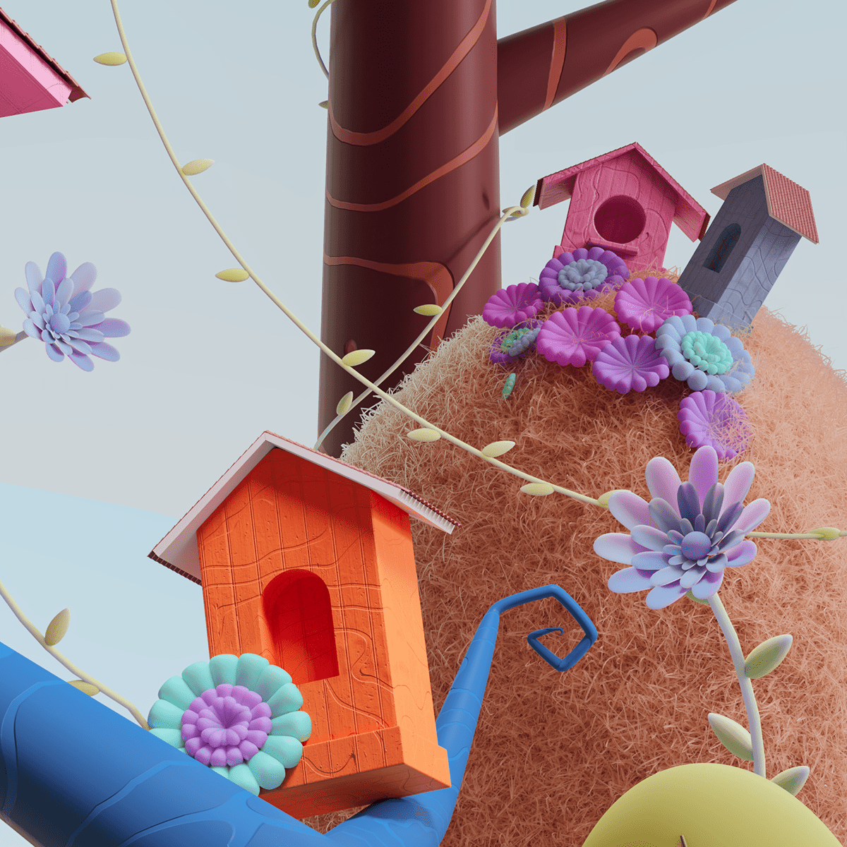 3D bird colorful flower house Nature