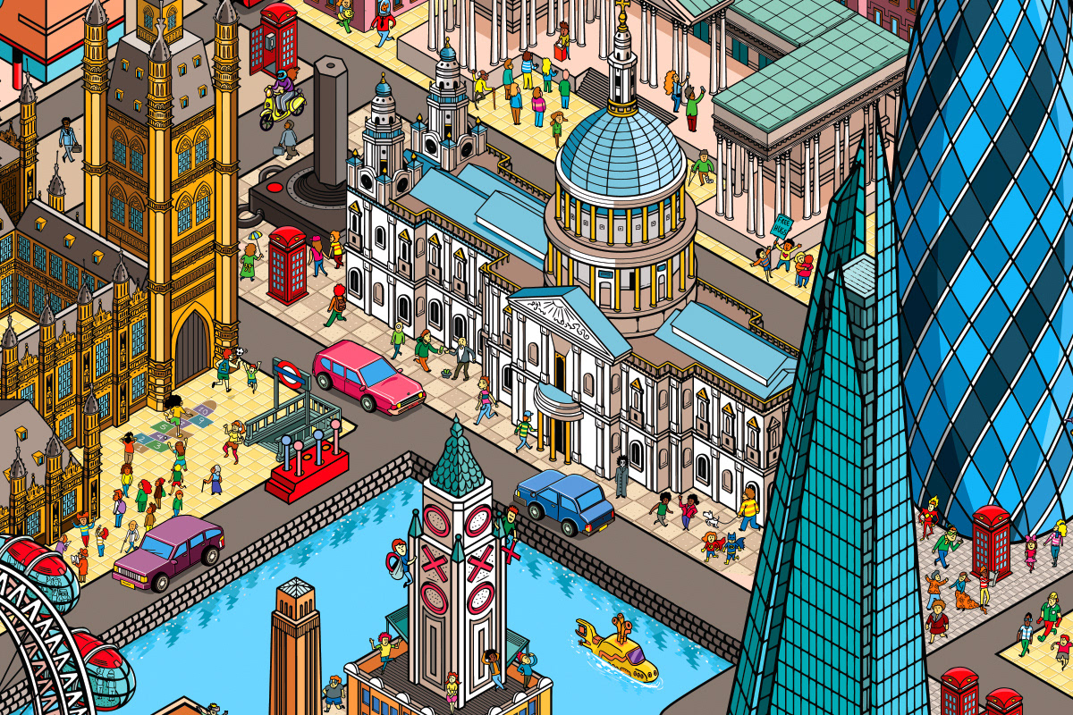 seek and find London Isometric Where's Waldo where's wally england rod hunt IC4Design cityscape detail
