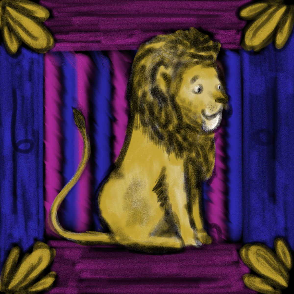 Doodle of a sitting circus lion isolated on colorful background.