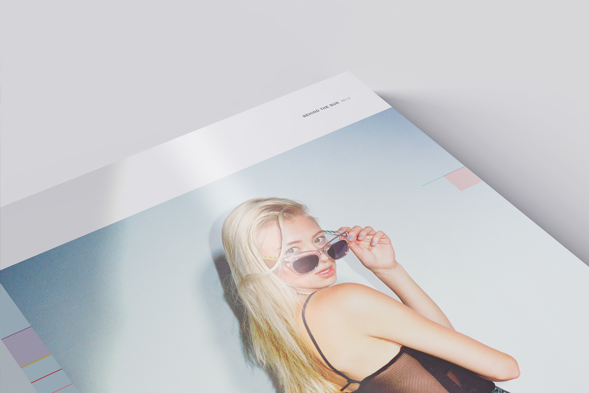 Layout design photo story behind Sun pastel Pastels pink yellow bikini model swatch colour magazine