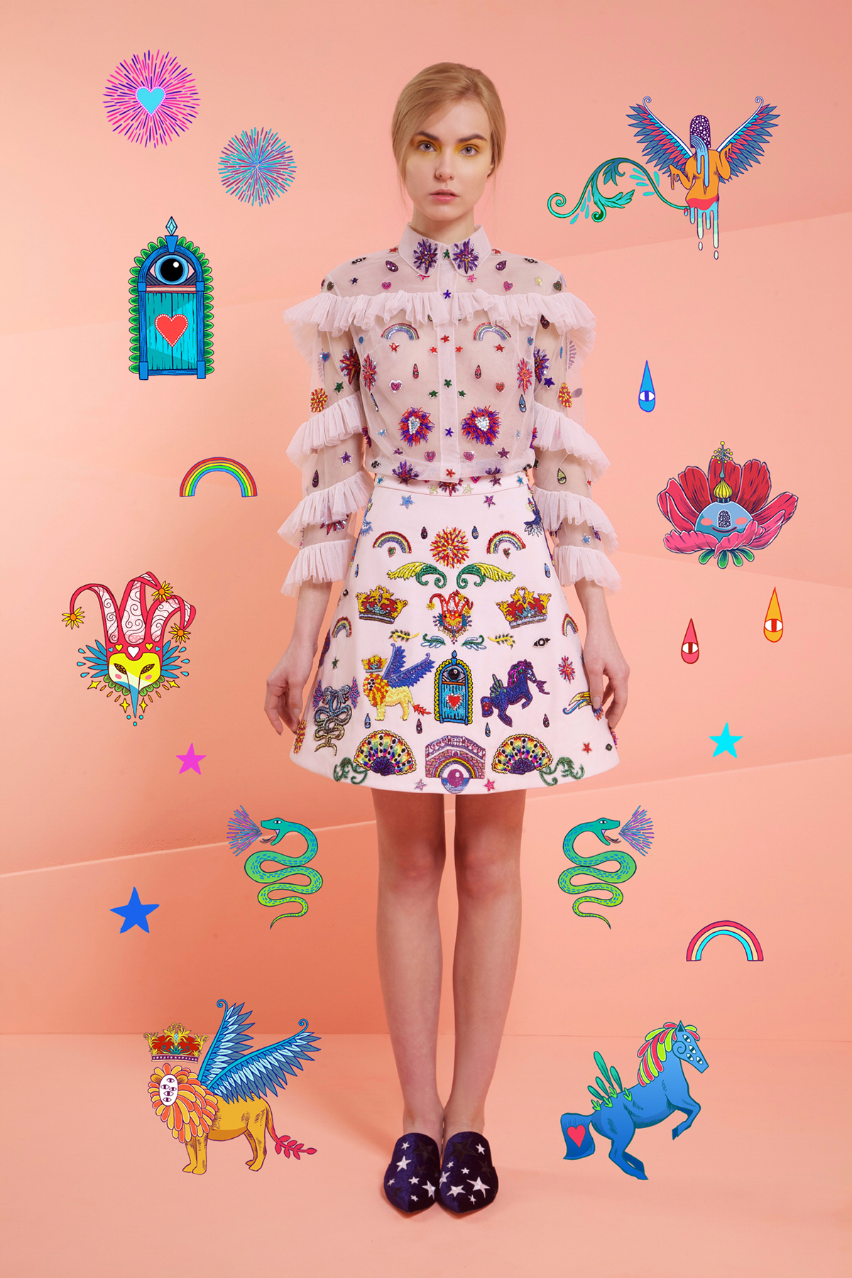 couture Fashion  dress Venice trippy patches Embroidery rainbow emblem