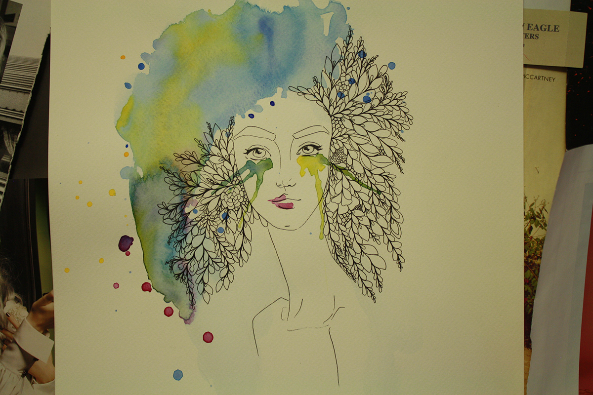 woman hair watercolor Flowers paint ink pen leaves Nature beauty