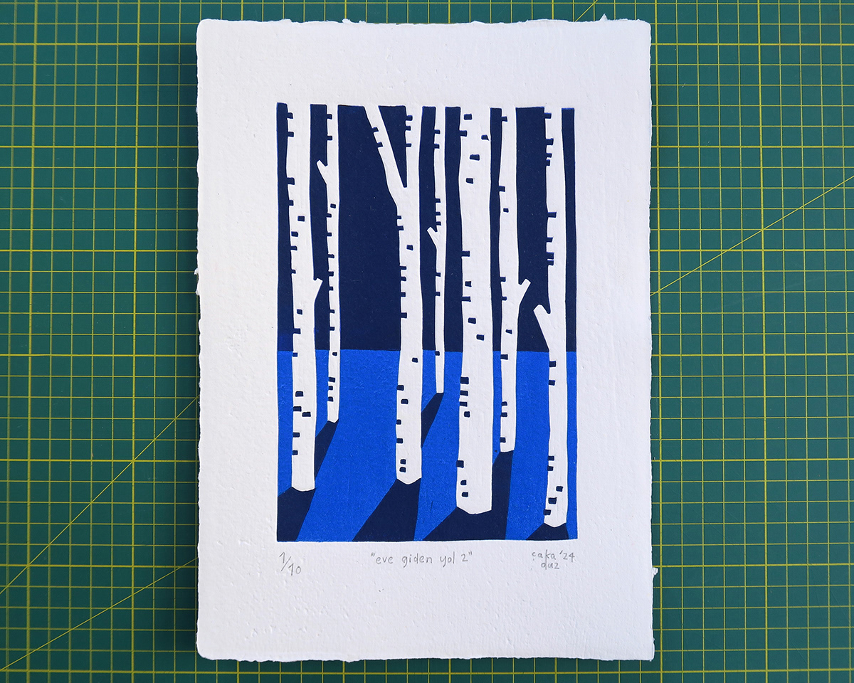 linocut linoleum Linoprint printmaking woods forest Tree  blue vibrant colors hand printed