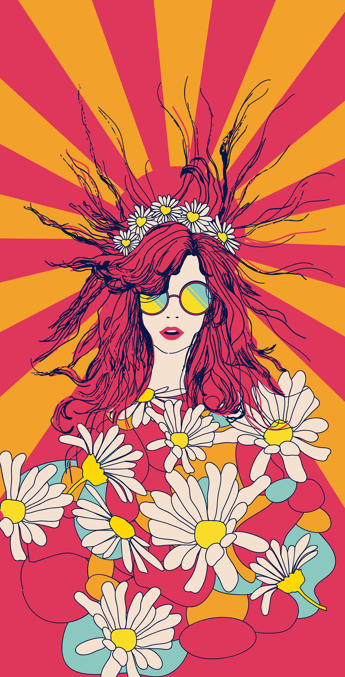 hippie 70's Retro vintage Sun daisy flower crown woman Sunglasses heart ipanema flipflops Sandals beach