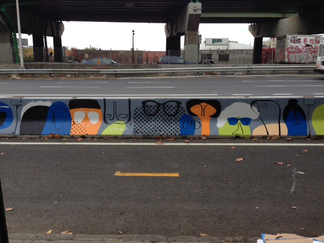 dot eyeglasses glasses people new york city Bronx Mural highway barrier stencil Beautification transportation bike lane volunteers tag