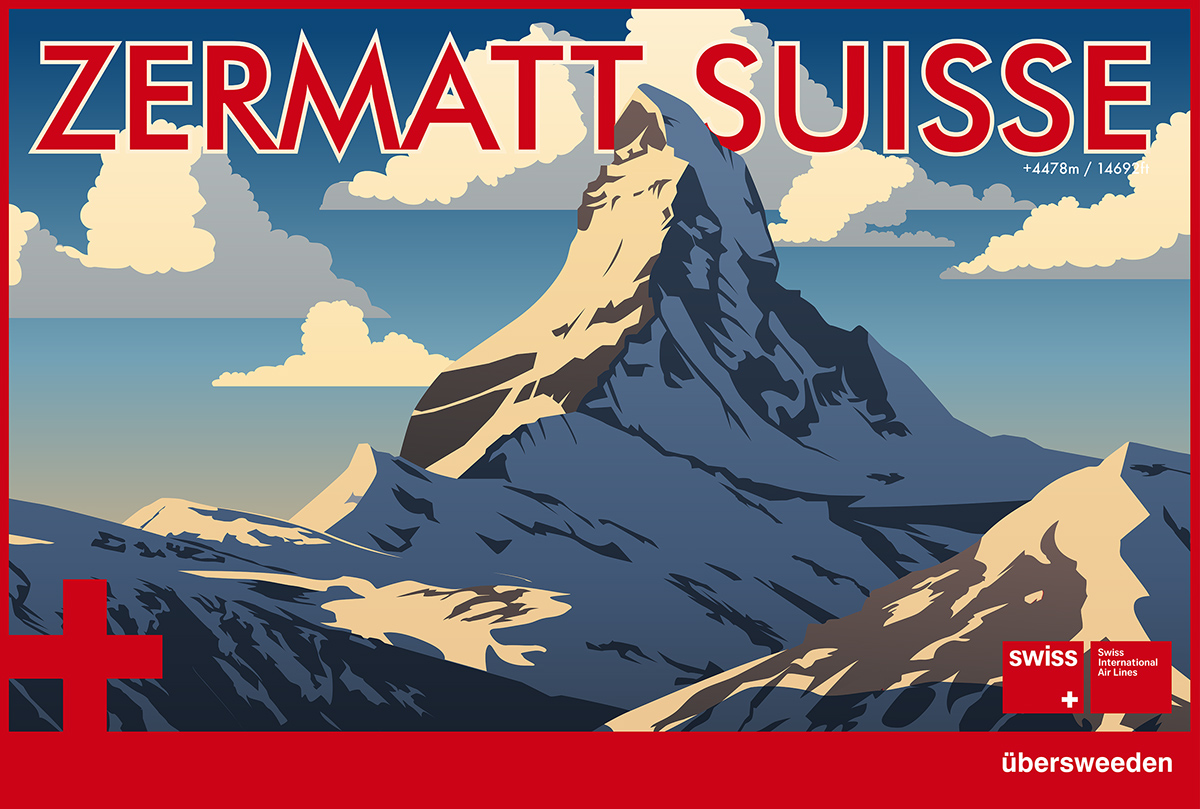 swissair Swiss Airlines poster mountain Matterhorn Suisse travel poster adobe illustrator Illustrator Retro Retro Poster Airlines Travel
