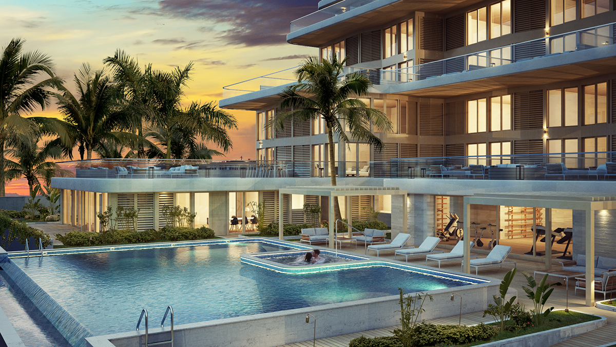 architecture exterior condominium sunset pool area gran Cayman