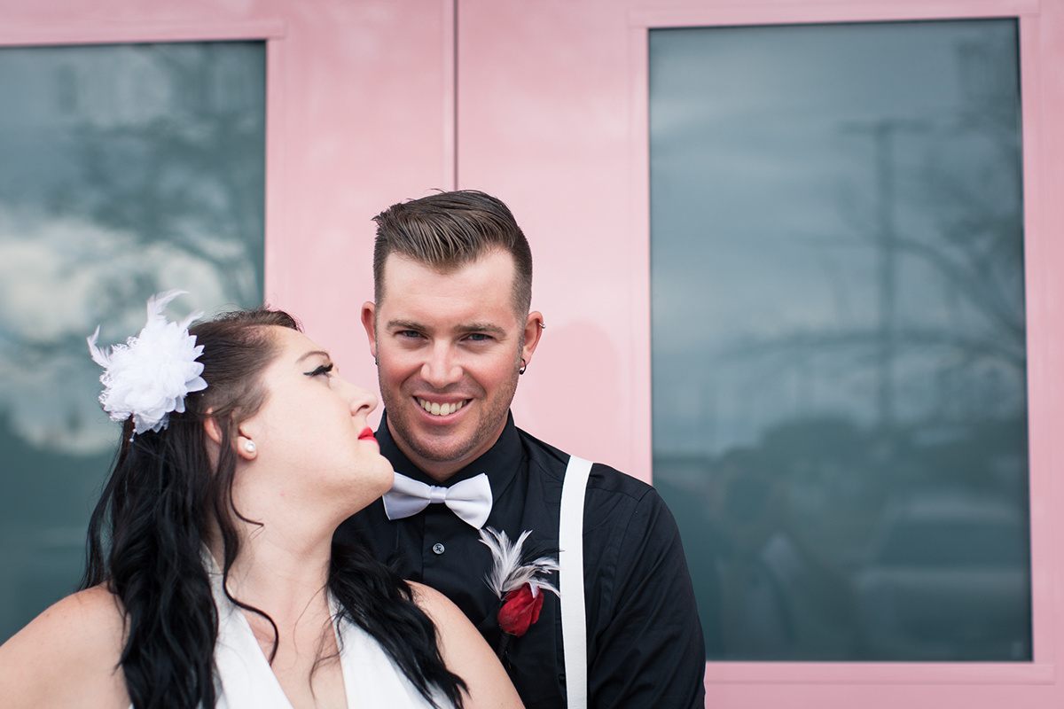 Adobe Portfolio wedding groom bride holding hands Rockabilly vintage