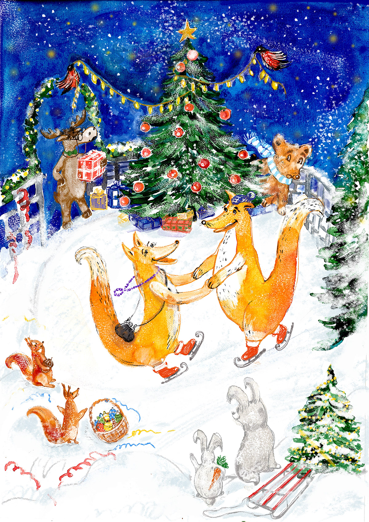 These are forest animals, elk, squirrels, bullfinches, bear cub,  foxes in a snowy environment!