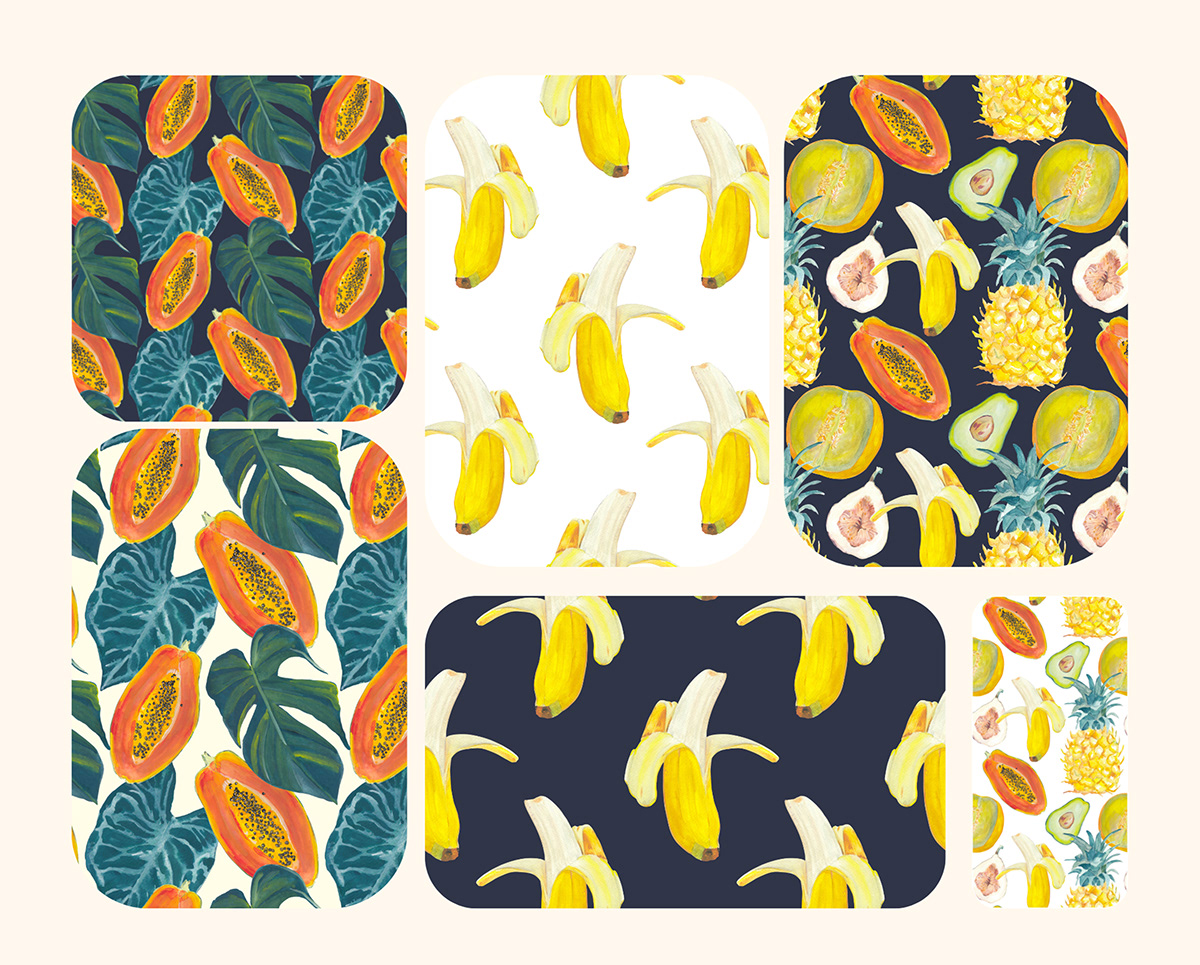 bird Fruit gouache ILLUSTRATION  Nature painting   seamless pattern summer textile design  Tropical