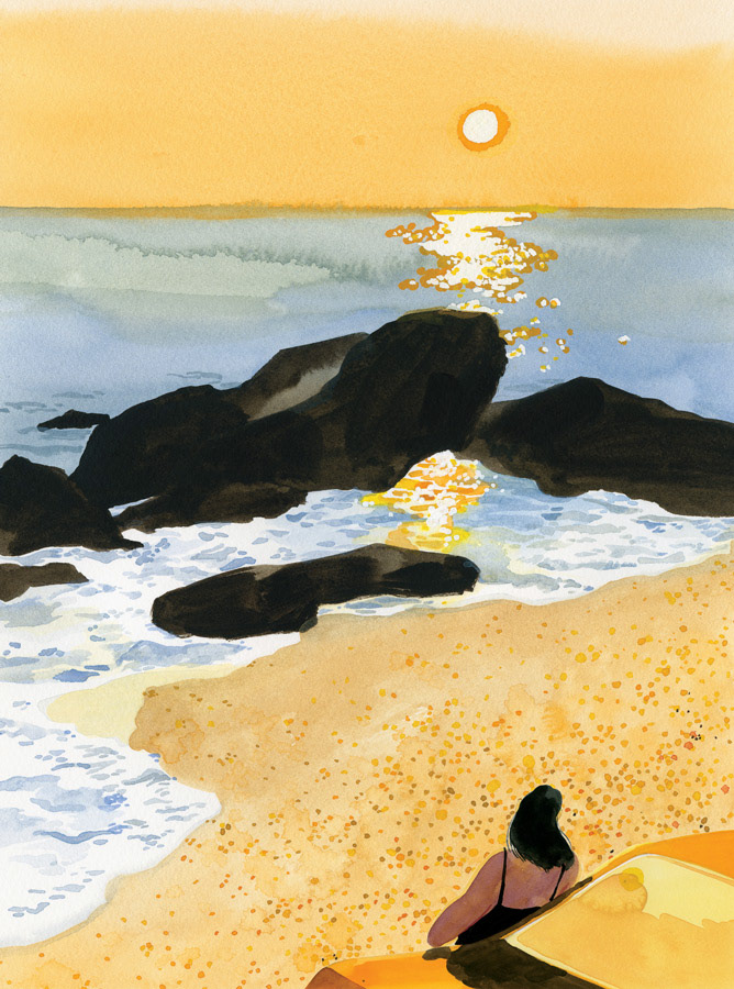 alone comfortable Landscape Design light lonelyness sea Sunrise sunset watercolor illustration wave