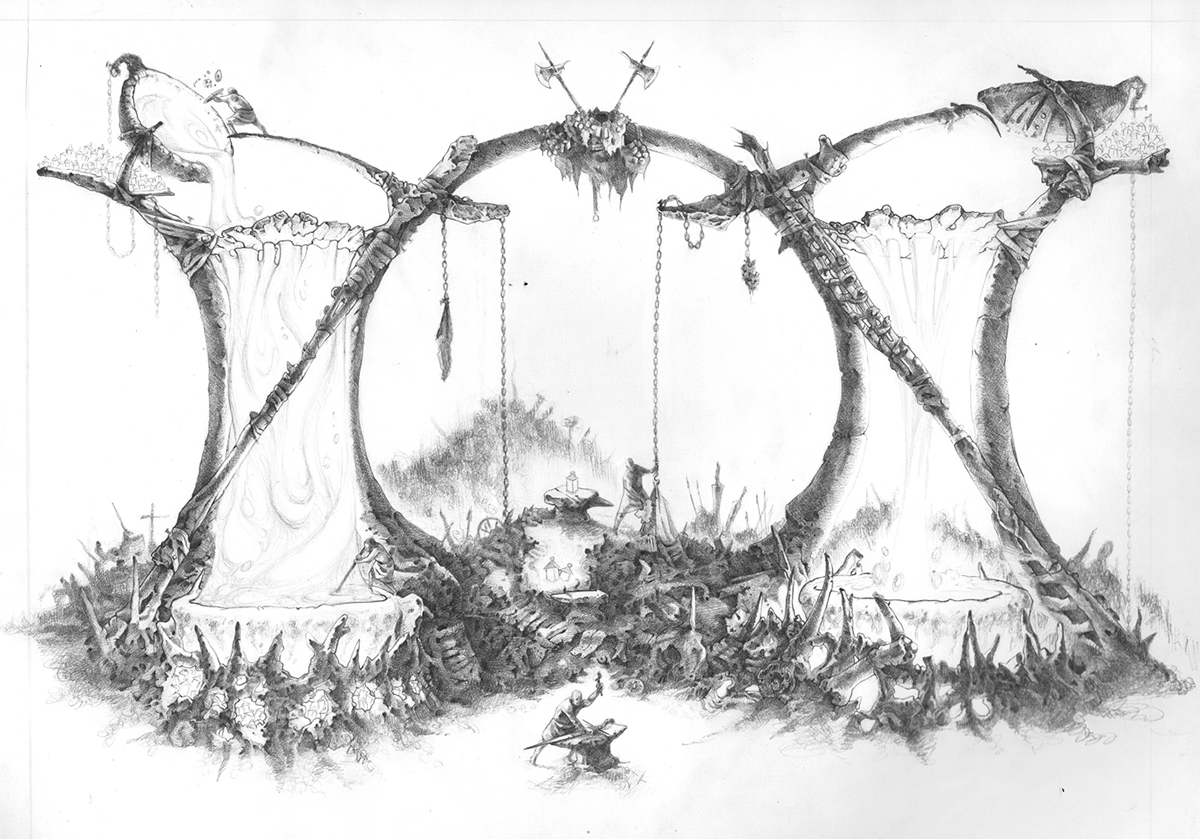 horror  gaming  role-playing  Kingdom Death bones skeleton monsters fantasy people graphite paint environment Environment design concept illustration