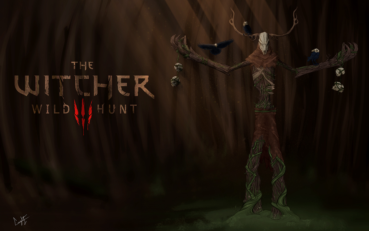 witcher witcher3 wild Hunt WildHunt leshen creature forest skulls crows Tree 