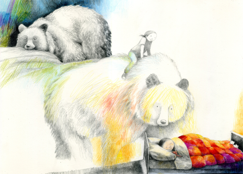 Picture book bear child friendship animals watercolour colored pencils