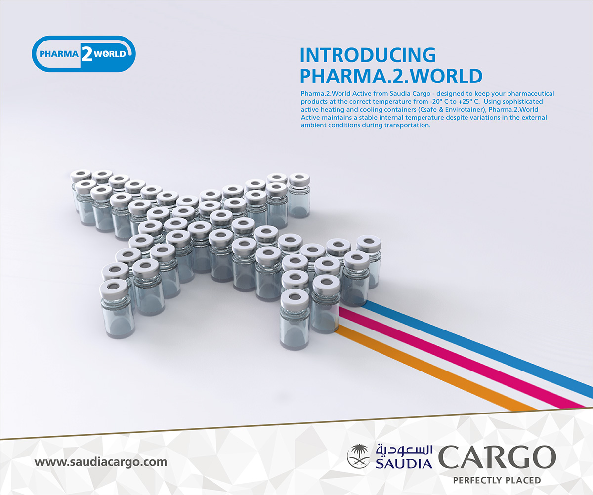 saudia Cargo shipping Pharma vials medicine world plane air 3D ad